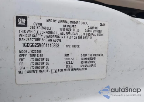 2006 Chevrolet Express Work Van z USA, uszkodzony, nr VIN 1GCGG25V861115393